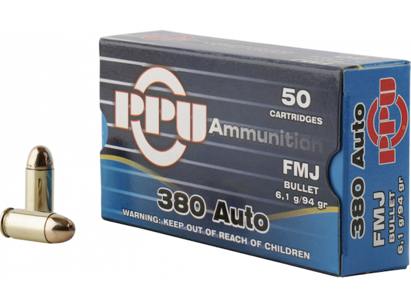 PPU PPH380AF 380 Auto 94GR FMJ Ammo, 50 Rounds