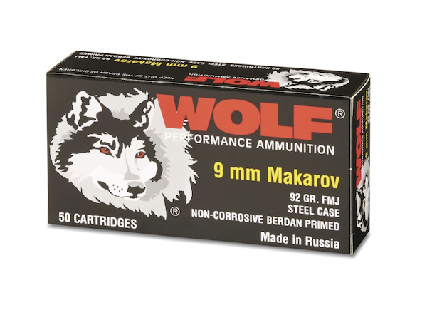 Wolf 9mm Makarov 92gr FMJ Steel Case Ammunition